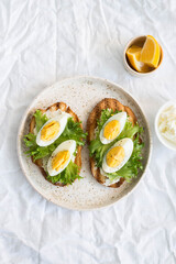 Two egg's sandwiches with cream cheese, green salad and lemon on the white plate,  on light background.