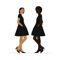 White female character and black female character in identical dresses and shoes stand on a white background