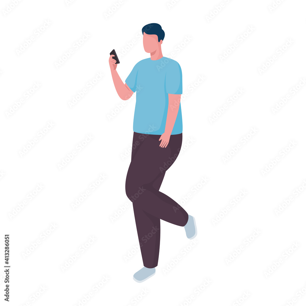 Poster man using smartphone standing character vector illustration design