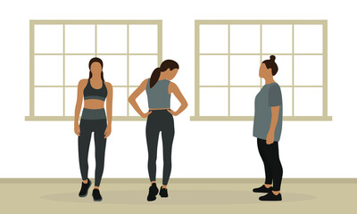 Three female characters in sportswear in a room with large windows
