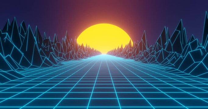 Retro background in 80s and 90s style. Seamless cyberpunk pattern of movement towards the sun. Neon landscape of mountains on a background of sunset. 4k Animation in retro wave and vintage style.