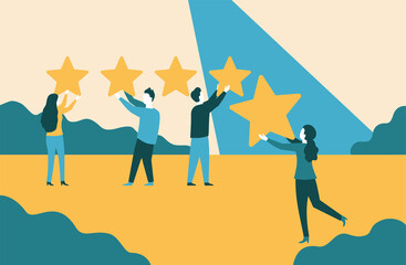 Rate Us illustration - People collecting 5 stars 