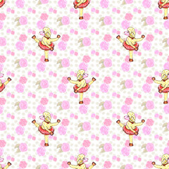 Watercolor repeating drawing with a dancing sheep on a floral background