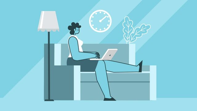 Flat Graphic Design Bold Woman Cartoon Character Work At Home From Laptop Sitting on Couch and Chatting