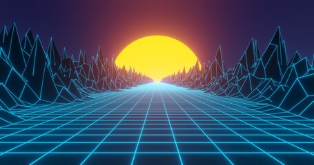 Retro background in 80s and 90s style. Seamless cyberpunk pattern of movement towards the sun. Neon landscape of mountains on a background of sunset. Illustration in retro wave and vintage style.