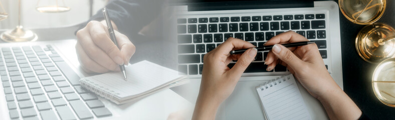 Business and lawyers discussing contract papers with brass scale on desk in office. Law, legal services, advice, justice and law concept picture with film grain effect