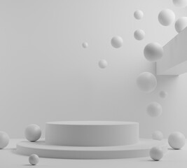 3d podium white on white background. Abstract minimal scene with geometrical forms. Scene to show cosmetic products. Showcase, display case.