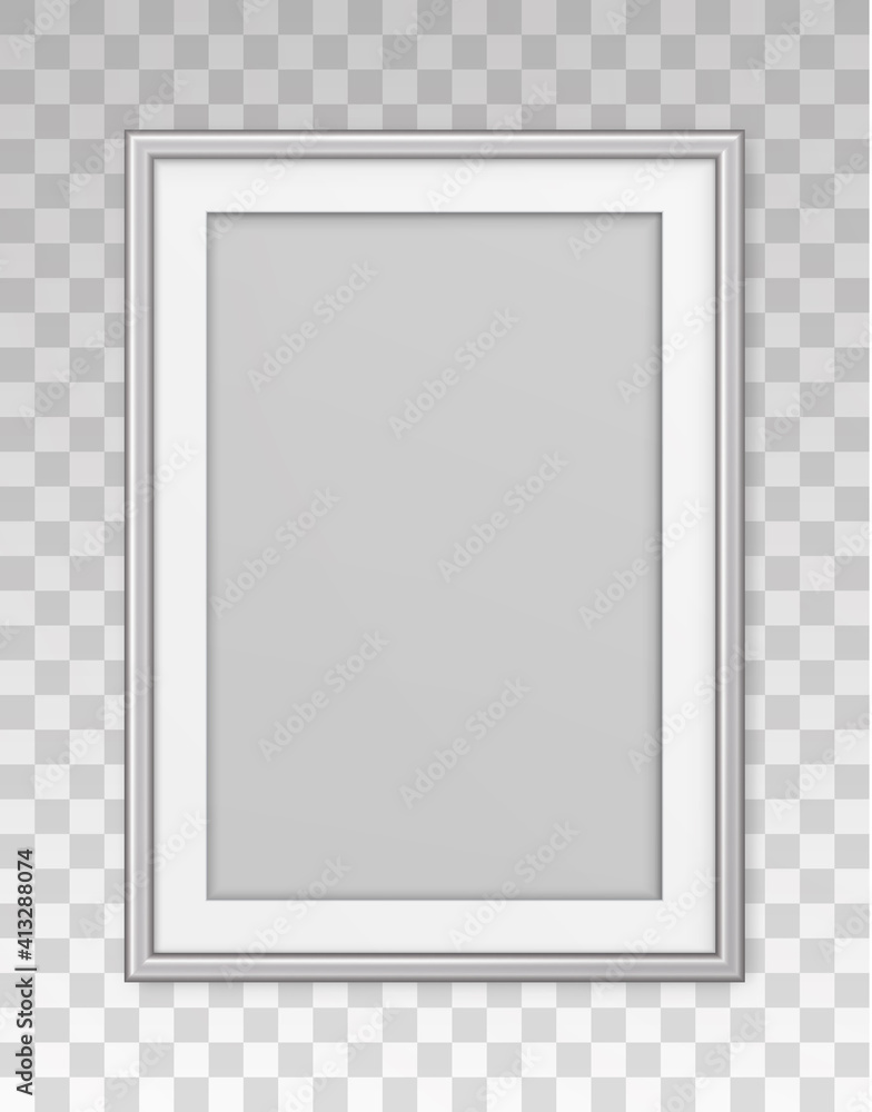 Poster mockup silver frame photo on wall. mock up picture framed. vertical boarder with shadow. empty photo