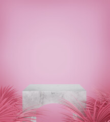 3d render leaf palm and pink background, pink color gemotric with marble podium,display or showcase.