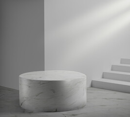 3d podium marble on a white background and volumetric ray light. Scene to show cosmetic products. Showcase, display case.