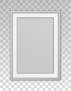 Mockup silver frame photo on wall. Mock up picture framed. Vertical boarder with shadow. Empty photoframe isolated on transparent background. Border for design prints poster and painting image. Vector