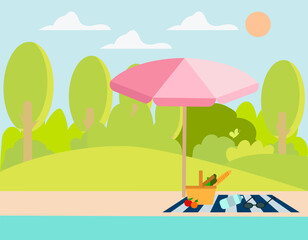 Summer picnic by the water, summer cute sunny landscape with umbrella, picnic basket and pond
