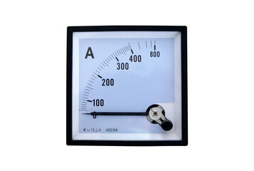The white scale of analog ammeter with zero position of the indicator, isolated on white background.