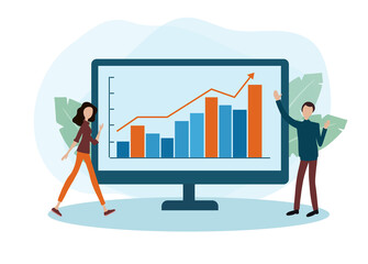 business people analytics and monitoring on web report dashboard monitor concept and vector illustration design for web landing banner background