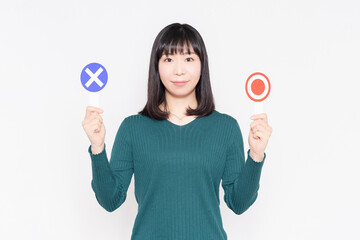 白い壁の前に立って、OKとNGのプラカードを持っている女性