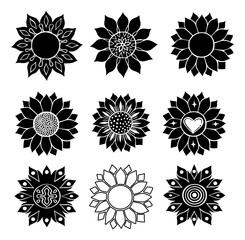Sunflower isolated on white background. Flat vector illustration. Boho tribal print.design illustration.silhouette black style. Nature flower set. summer shapes botanical set.Graphic abstract decor.