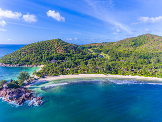 Obraz premium An aerial view on Grand Anse beach on Praslin island in Seychelles
