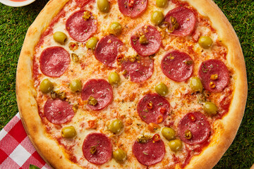 Traditional italian Pizza Pepperoni with salami, mozzarella, olives and basil on green grass background