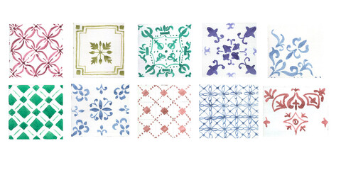 
Bouquet of flowers majolica tiles pansies violets. Pradnik 8 march spring congratulations postcard. Hand drawn watercolor illustration. Print textile vintage retro.