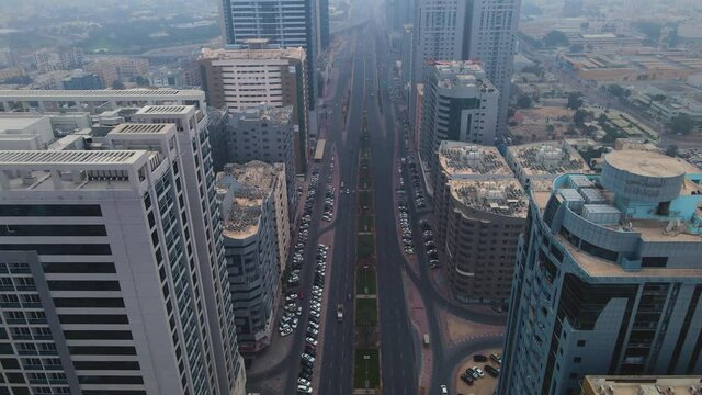 4K Aerial shot Sheikh Khalifa Bin Zayed Street Ajman with a foggy day