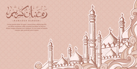 Arabic calligraphy ramadan kareem with hand drawn islamic illustration background
