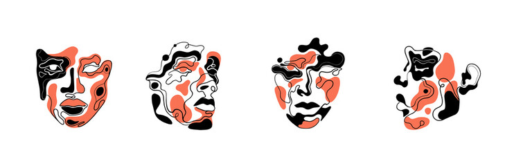 Abstrakte Kunstgesichter für eine Kunstausstellung: Musik, Literatur oder Malerei. Vektorillustrationen von Formen, Porträts von Menschen. Zeitgenössische handgezeichnete Vektorillustrationen. Durchgehende Linie, minimalistisch © настя иванова