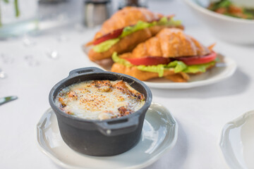 Early meal with fried eggs served in pan. Breakfast Buffet Concept, Breakfast Timeю. Various brunch on the table