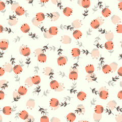 Seamless floral pattern based on traditional folk art ornaments. Colorful flowers on light background. Scandinavian style. Sweden nordic style. Vector illustration. Simple minimalistic pattern.