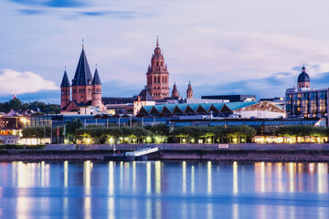 Mainz cityscape with St. Martins cathedral during blue hour