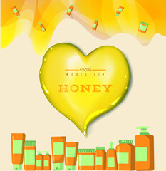 Poster for natural cosmetics made of honey. Jars cream of manual work. Trend vector image.
