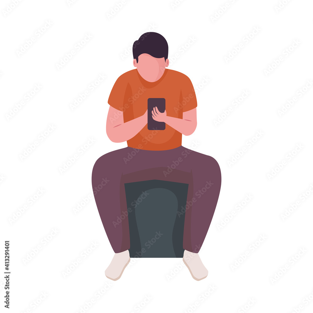 Wall mural man seated in chair using smartphone character vector illustration design