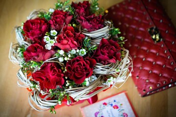 Bright and gorgeous flower floral bouquet of lovely red flowers for Valentines day. Close up photo