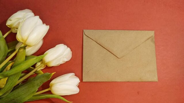 A bouquet of beautiful tulips and an envelope with money on an orange background top view. Background of Mother's Day, International Women's Day. Holiday, give a gift.Stop motion 4K footage.