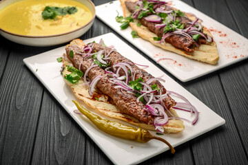 Georgian cuisine - lulia kebab, with grilled onions, traditional Georgian cuisine