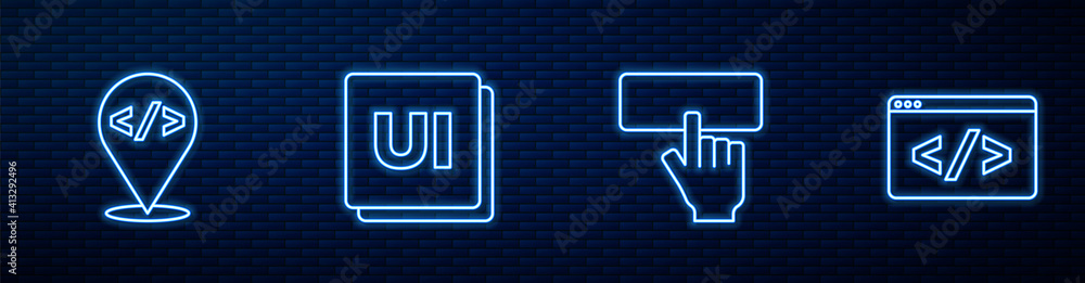 Wall mural set line keyboard, front end development, ui or ux design and . glowing neon icon on brick wall. vec