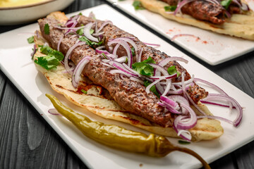 Georgian cuisine - lulia kebab, with grilled onions, traditional Georgian cuisine