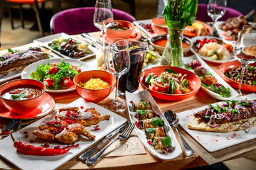 Georgian cuisine. A large laid table of different dishes