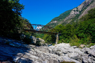 Bridge over Maggia river shot from riverbed