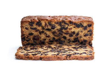 Rich dark fruit cake isolated on white