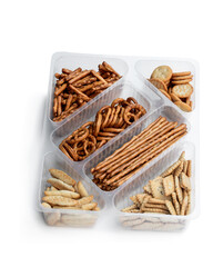 Crunchy mix of pretzels and crackers with sesame and poppy seeds