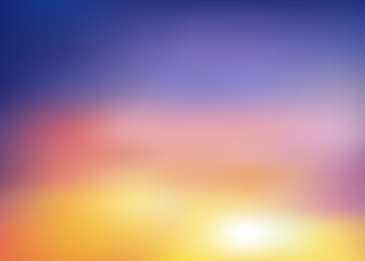 Sunset sky in evening with orange, yellow and purple colour, Dramatic twilight landscape with dark blue sky,Vector mesh horizon banner of sunrise for Spring or Summer background, Panorama natural
