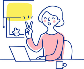 ピースサインをしながらパソコン作業をする女性