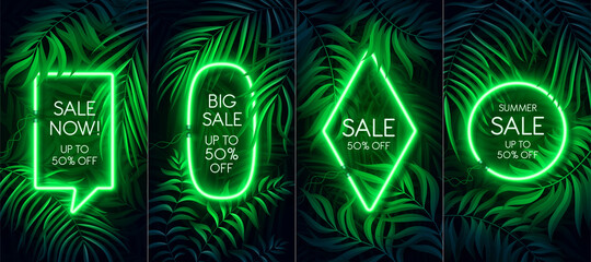Neon light banner in fluorescent color, tropical background concept.