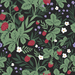 Strawberries and wild flowers seamless pattern