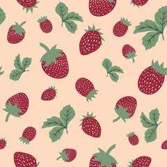 Strawberries seamless pattern on beige background