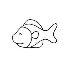 Cheerful green fish. Vector hand-drawn doodle illustration. Black and white outline. Coloring book for children.