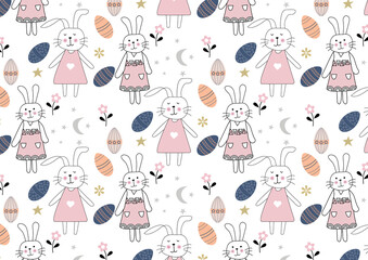 Easter pattern design with bunnies, Easter eggs, flower. Can be used for scrapbook, banner, print, etc.
