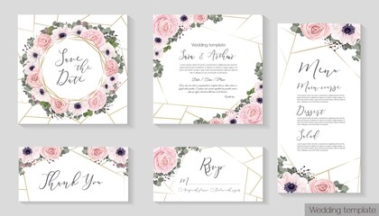 Floral round frame. White anemones, pink roses, eucalyptus, berries, gypsophila. Polygonal gold frame. Vector invitation set: square card for invitation, menu, thank you, rsvp.