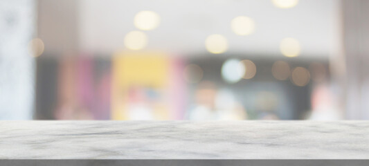 marble table top with blurred abstract cafe restaurant interior background