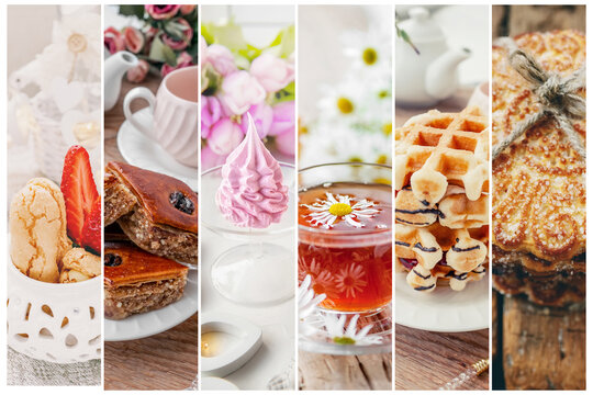 beautiful collage of cookies, waffles, marshmallows, baklava, meringue and tea, made from six photos. Great examples of homemade sweets